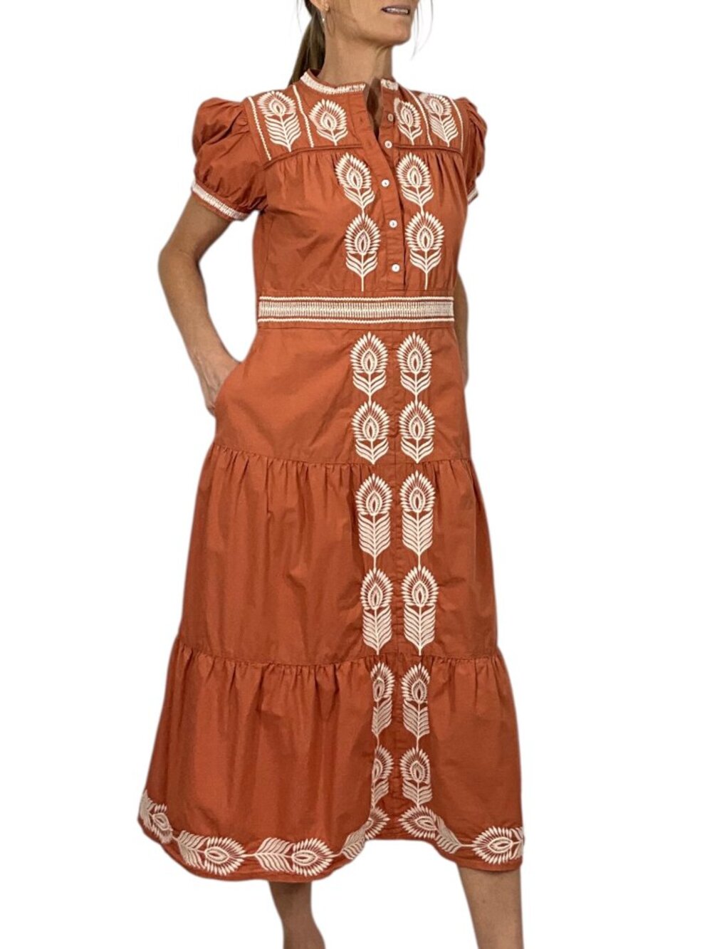 Bohme Siya Embroidered Dress S Orange Short Sleeve Midi Cottagecore - Picture 5 of 16